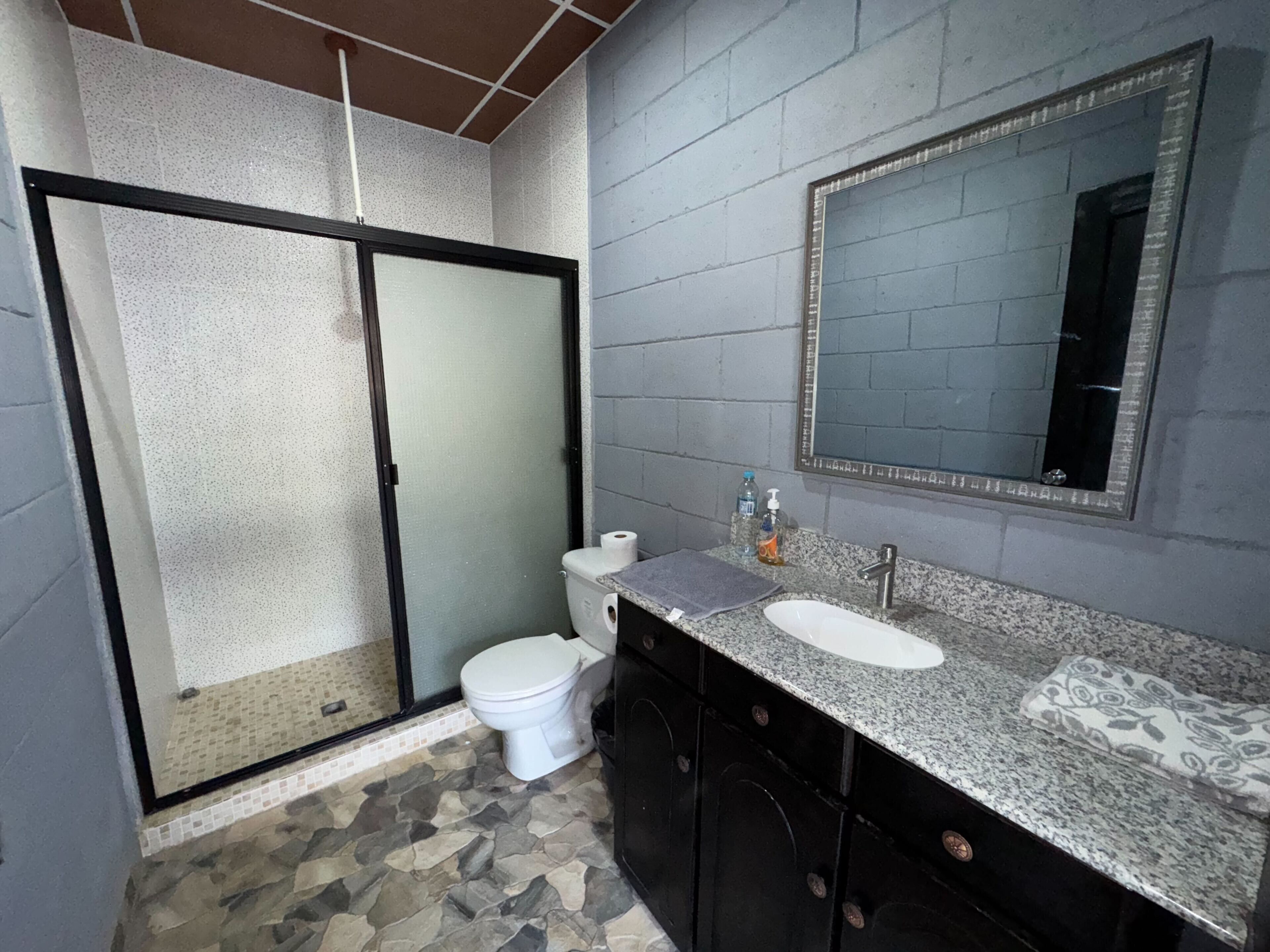 Shower, towels, soap, toilet paper
