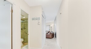 Shower, towels, soap, toilet paper