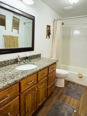 Hair dryer, towels, soap, toilet paper