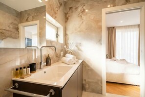 Shower, hair dryer, bidet, towels