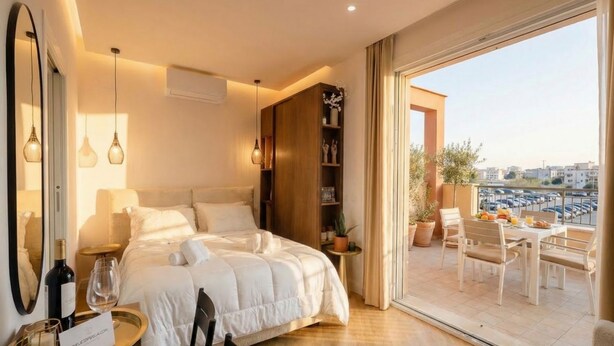 Una habitación de hotel con cama, mesita de noche y balcón con mesa y sillas.