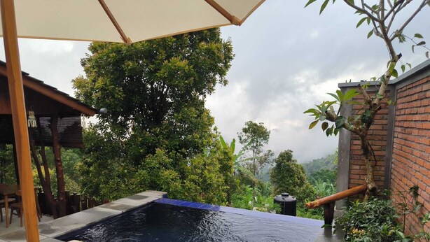 A swimming pool with a wooden deck and lounge chairs, surrounded by lush greenery and a brick wall. - Ganayu Bali Villa (Gobleg)