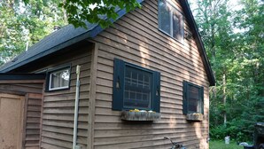 A wooden house with two windows, a garage door, and a bicycle in the yard.