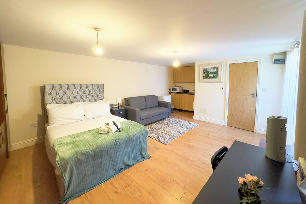 A bedroom with a bed, a grey sofa, a small kitchen area, and a wooden door.