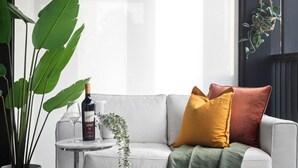 Uma sala de estar moderna com um sofá, uma mesinha lateral, uma garrafa de vinho e um vaso de planta.