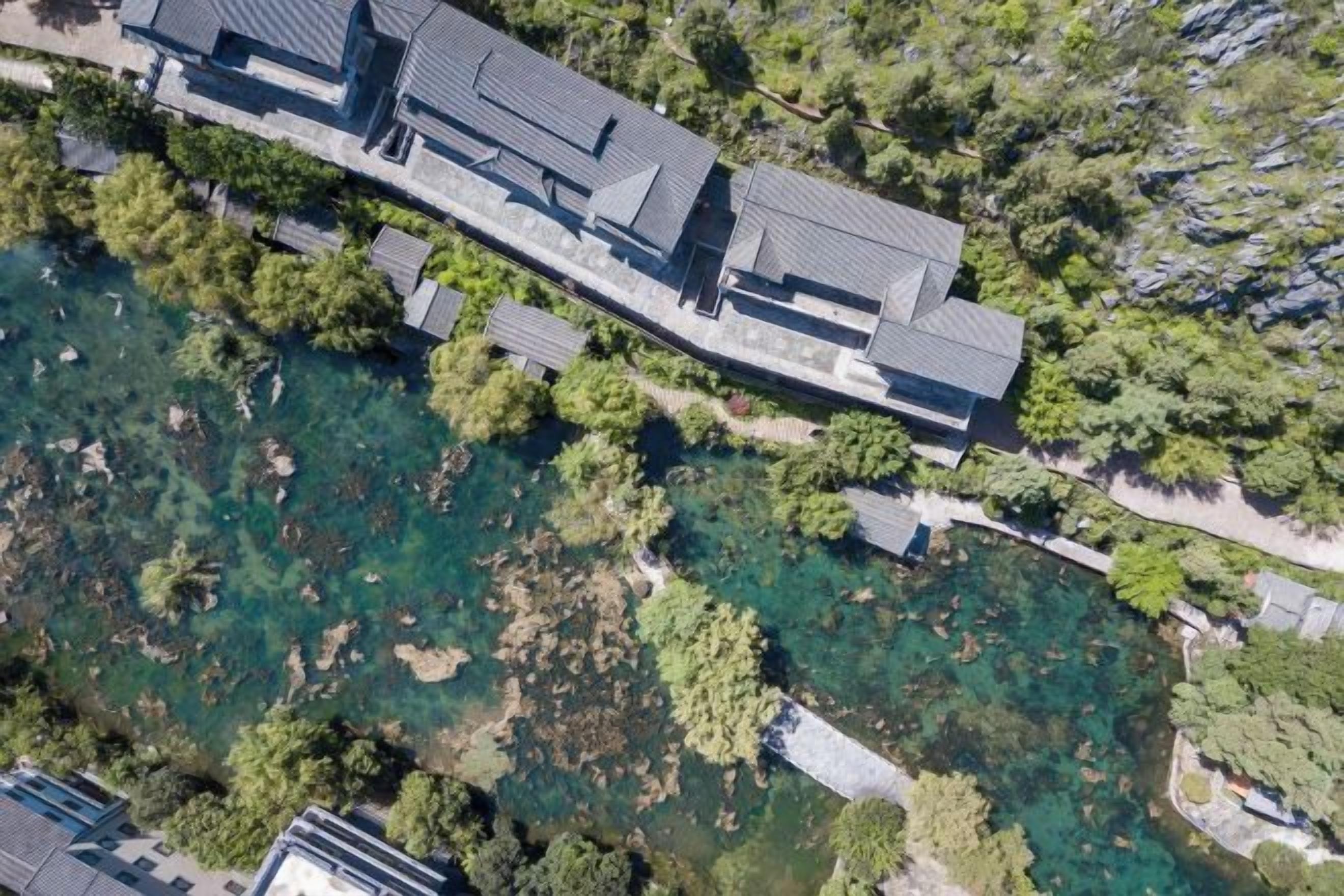 An aerial view of a building with a swimming pool surrounded by trees.