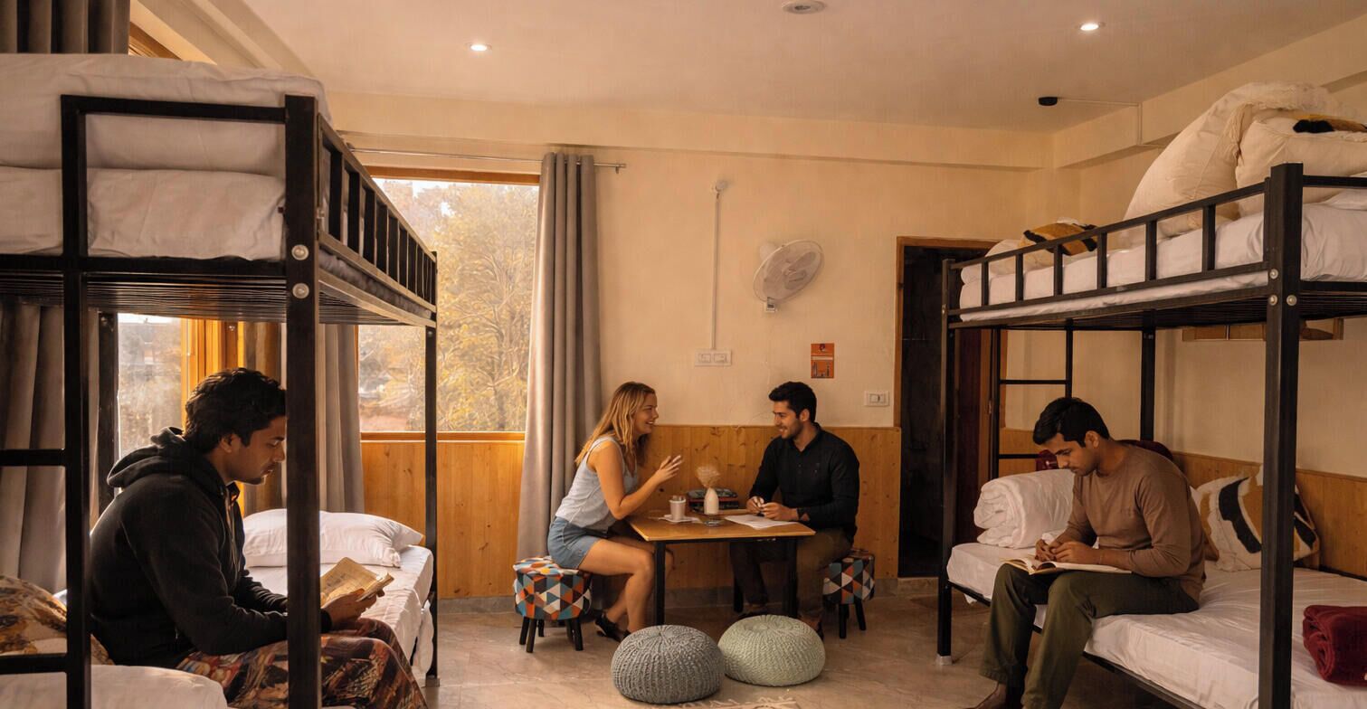 Ein Schlafsaalzimmer mit Etagenbetten, einem Esstisch und einem Fenster mit Vorhängen.