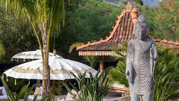 A serene garden with a Buddha statue, lush greenery, and traditional architecture.