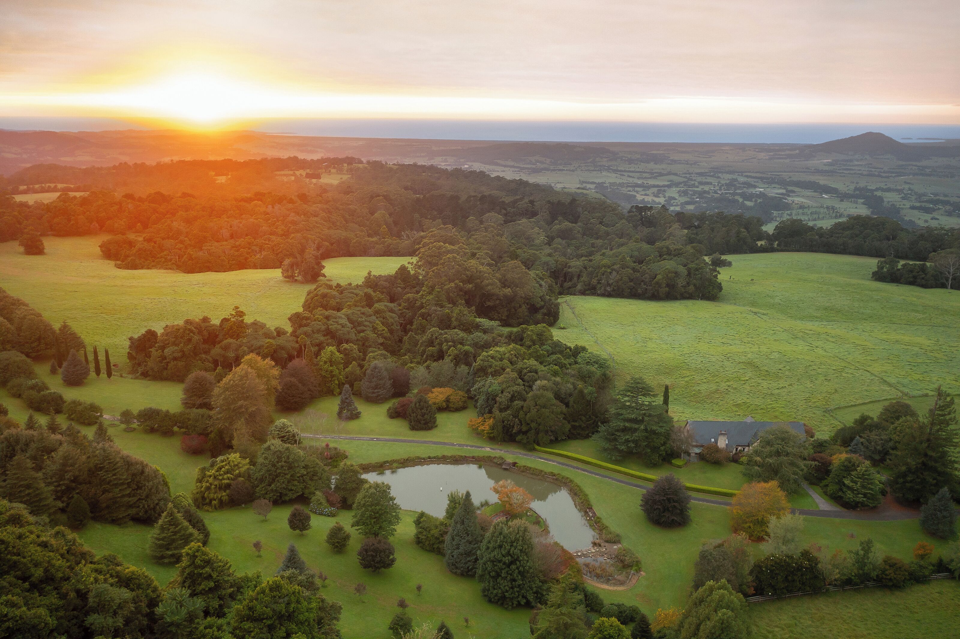 A rural landscape with a house surrounded by fields and trees.