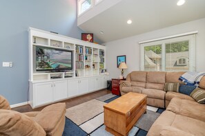 Smart TV, fireplace, DVD player, books