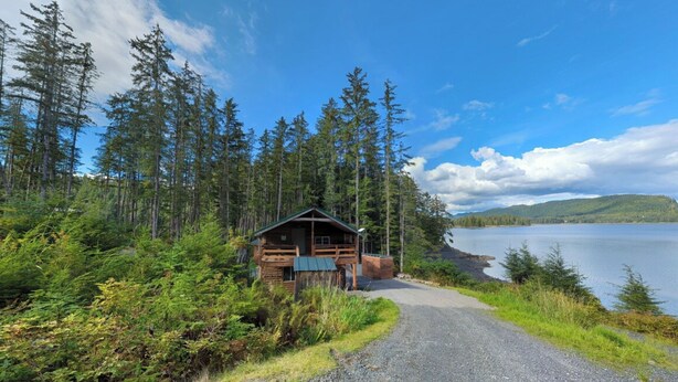 A cabin with a porch, surrounded by dense forest and a lake.