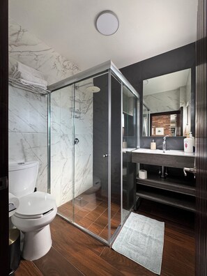 Dusche, Haartrockner, Handtücher, Seife