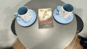 Een ronde tafel met twee blauwe kopjes en schotels, een boek getiteld '25 Tales Even More Appalachian Ghost Stories & Mysteries', en een paar bruine schoenen.