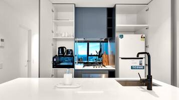 Fridge, microwave, oven, stovetop