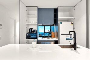 Fridge, microwave, oven, stovetop