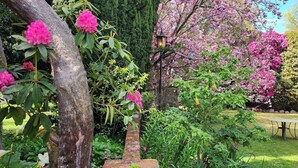 Un jardín con flores rosadas en flor, un sendero de ladrillo y una mesa en primer plano.