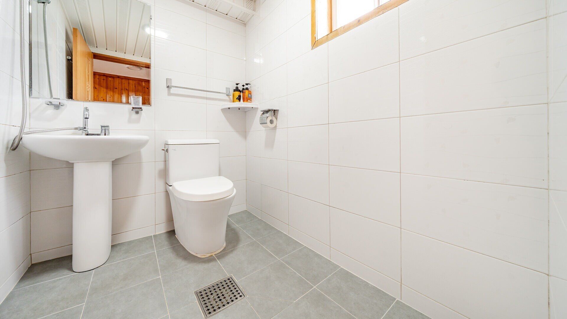 Ein Badezimmer mit weißem Waschbecken, WC und Duschbereich.