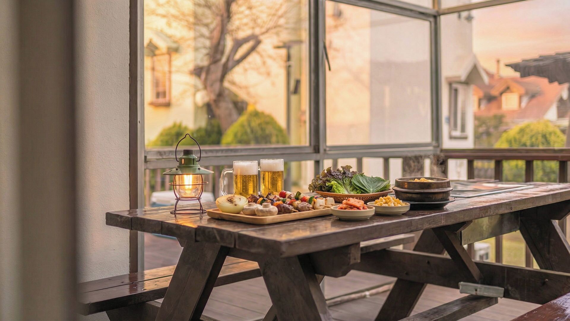 A wooden table with a variety of food and drinks, a lantern, and a view of buildings through large windows.