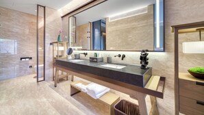 A modern bathroom with a large mirror, two sinks, and a vanity with a mirror. - ningbo narada estate (Ningbo)