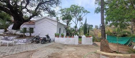 A white building with a paved driveway, a motorcycle parked in front, and potted plants along the wall.