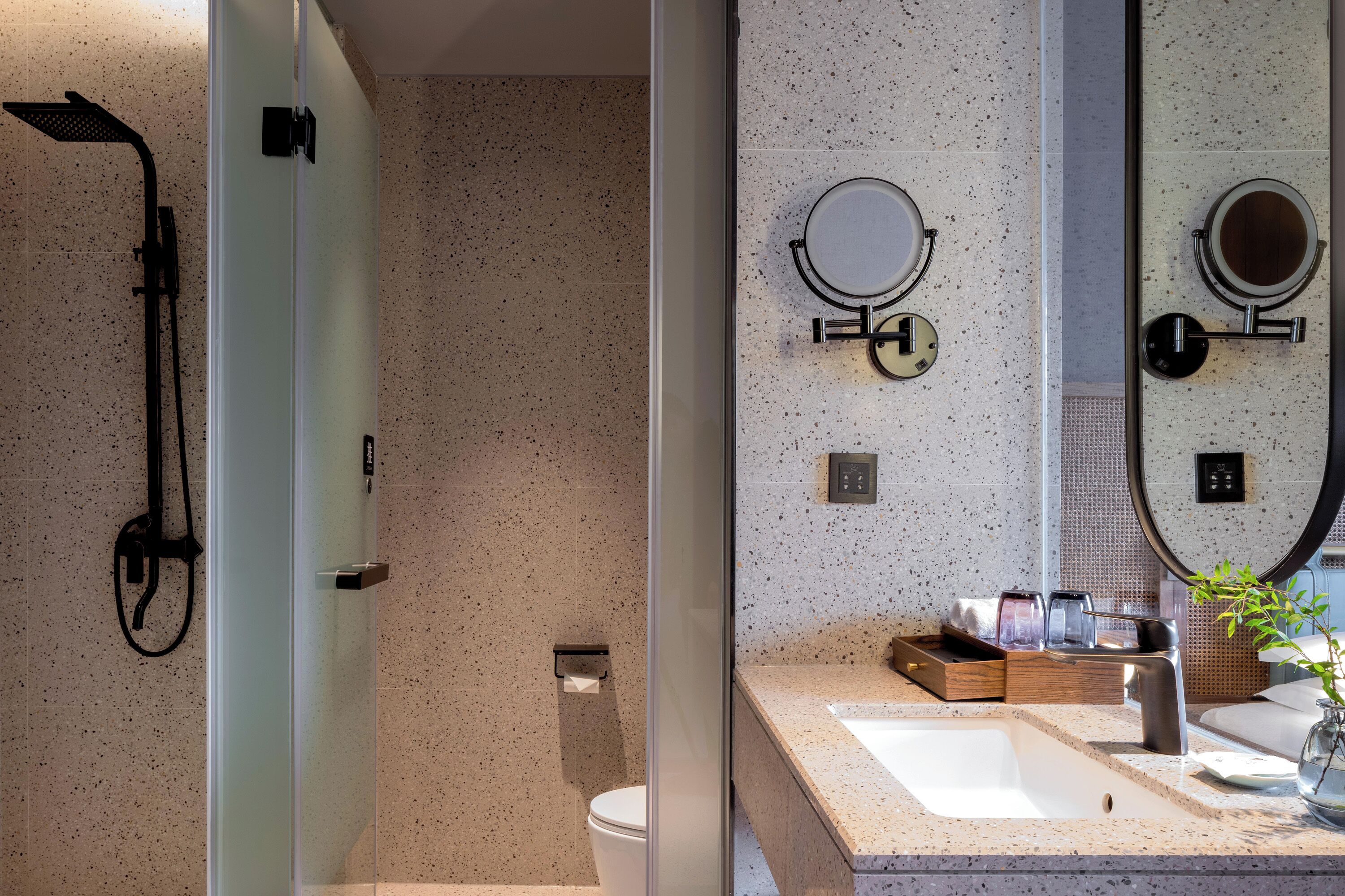 A modern bathroom with a glass-enclosed shower, a freestanding toilet, and a vanity with a sink and mirror.