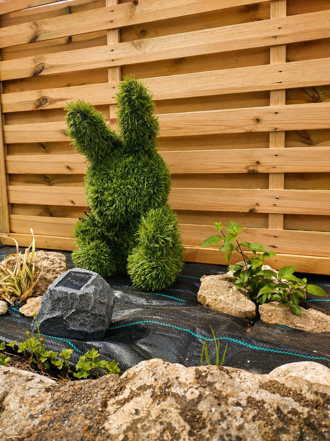 Une clôture en bois, un jardin de rocaille avec des plantes et un appareil fonctionnant à l’énergie solaire.