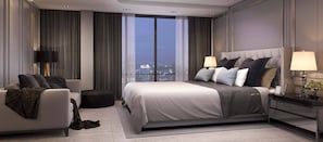 Una camera d'albergo moderna con un letto grande, due lampade da comodino, un divano e vista sulla città.