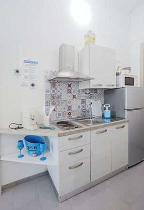 Superior appartement | Privékeuken | Een koelkast, een magnetron, een kookplaat, een espressoapparaat