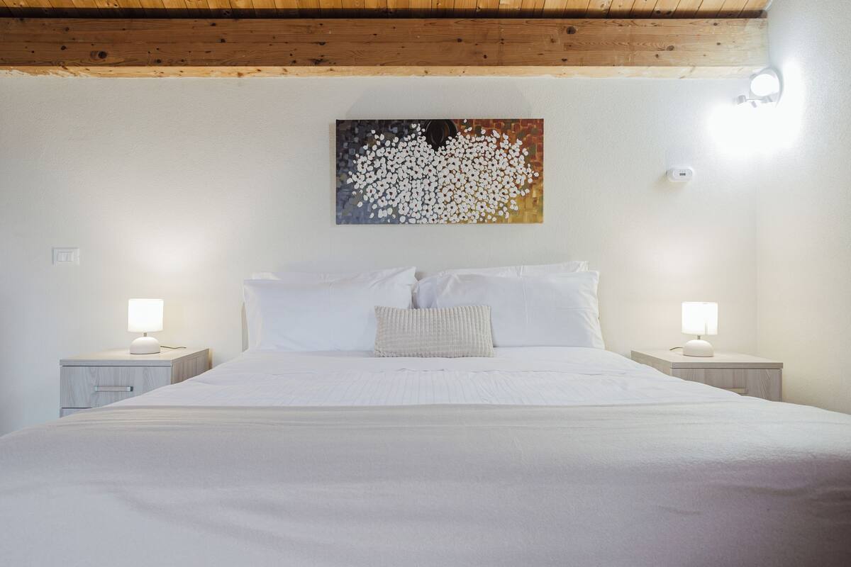 A neatly made bed with white linens and a single decorative pillow, flanked by two bedside tables with lamps, in a room with a wooden ceiling and a single wall-mounted artwork.
