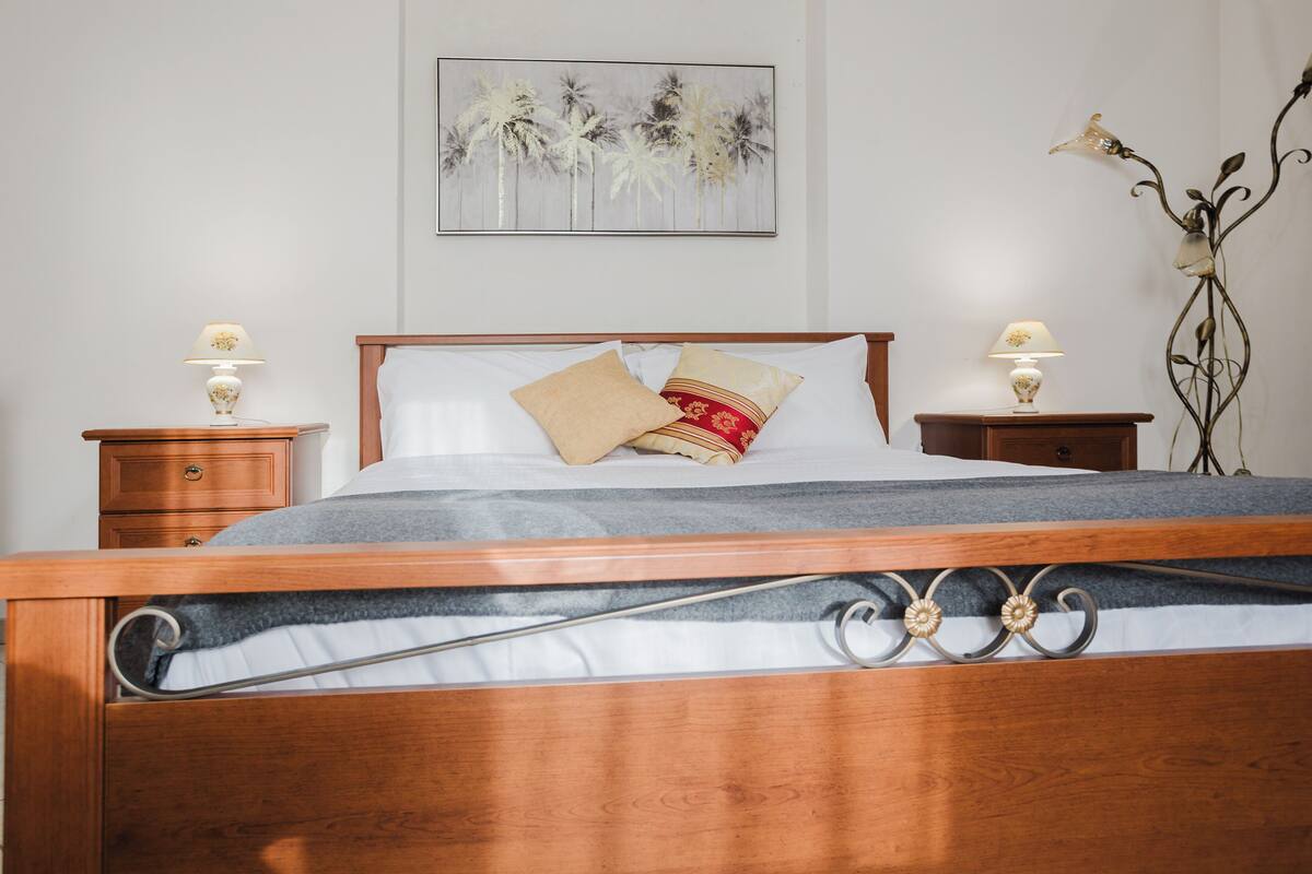 A neatly made bed with a wooden frame, two bedside tables with lamps, a wall-mounted artwork, and a tall plant.