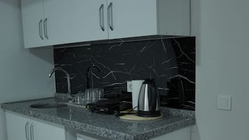 Frigorífico pequeño, placa de cocina, hervidor eléctrico y plancha