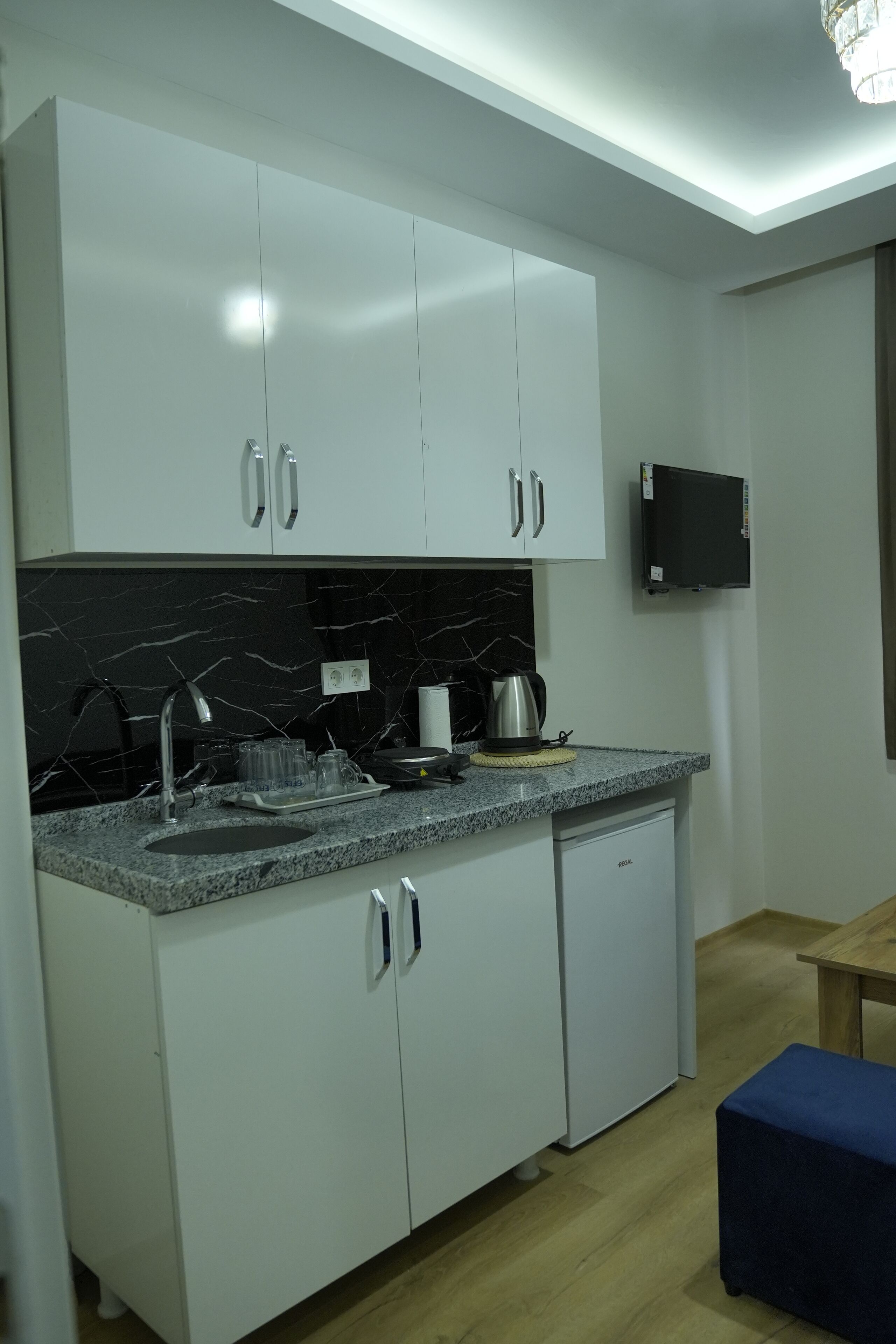 Mini-fridge, stovetop, electric kettle, griddle