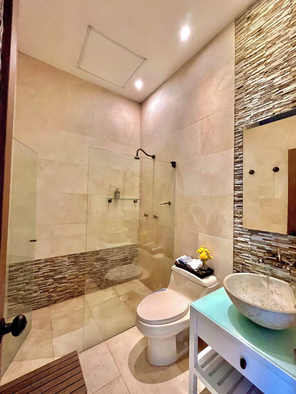 Loft de lujo, balcón, vistas al parque | Baño | Ducha, jabón, champú y papel higiénico