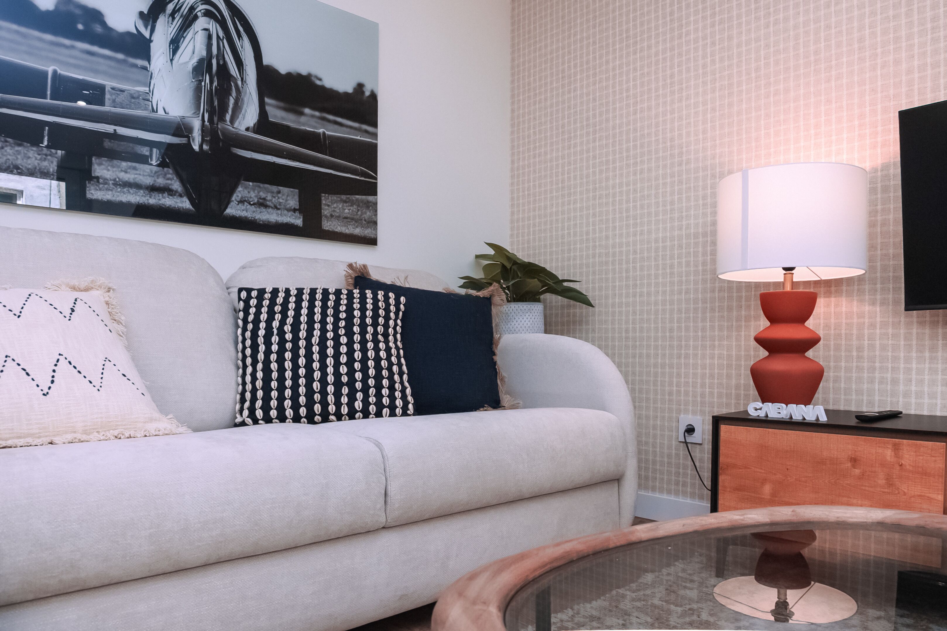 Una sala de estar con un sofá, cojines estampados, una planta en maceta, una lámpara y un televisor.