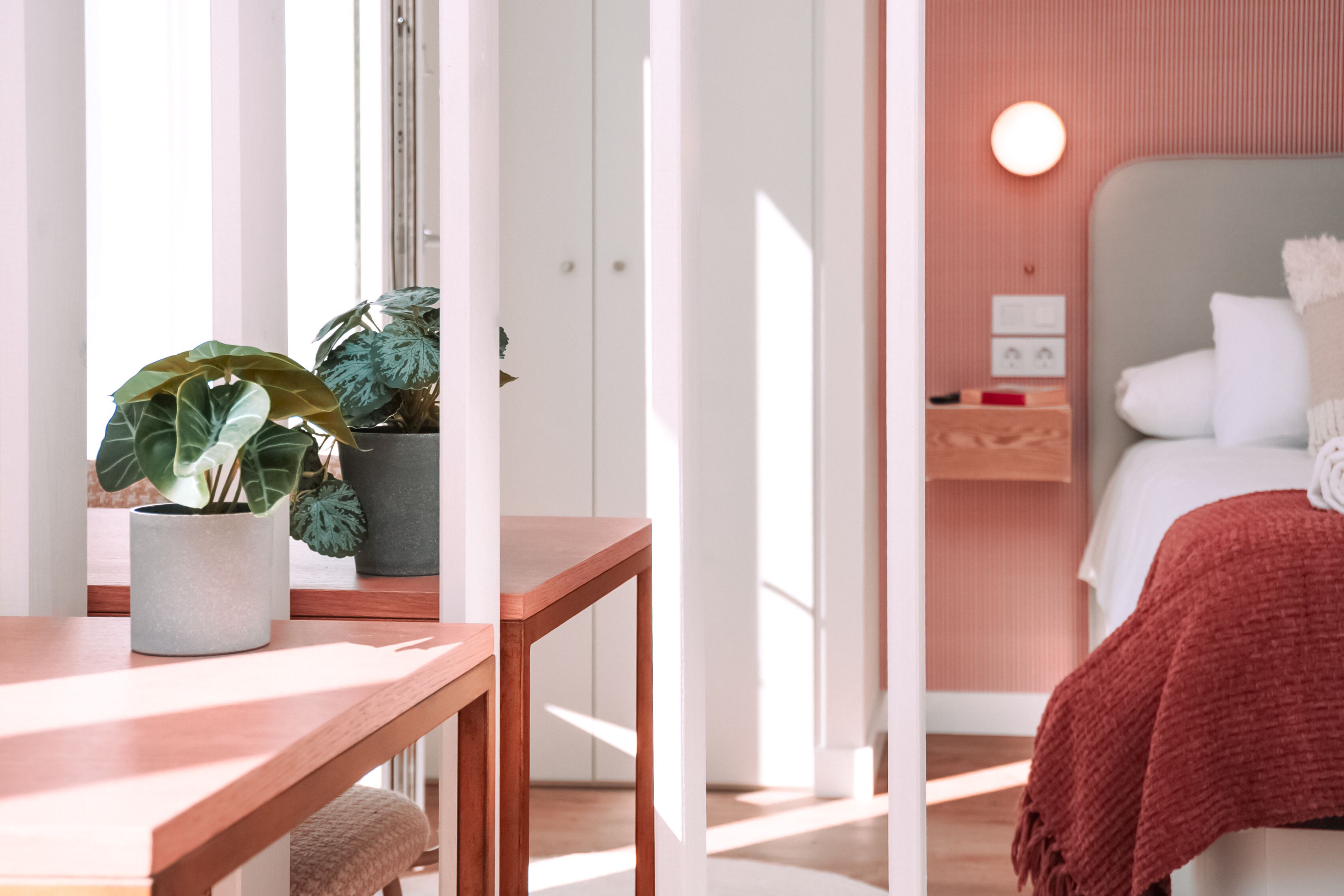 A modern bedroom with a bed, bedside table, and potted plants.