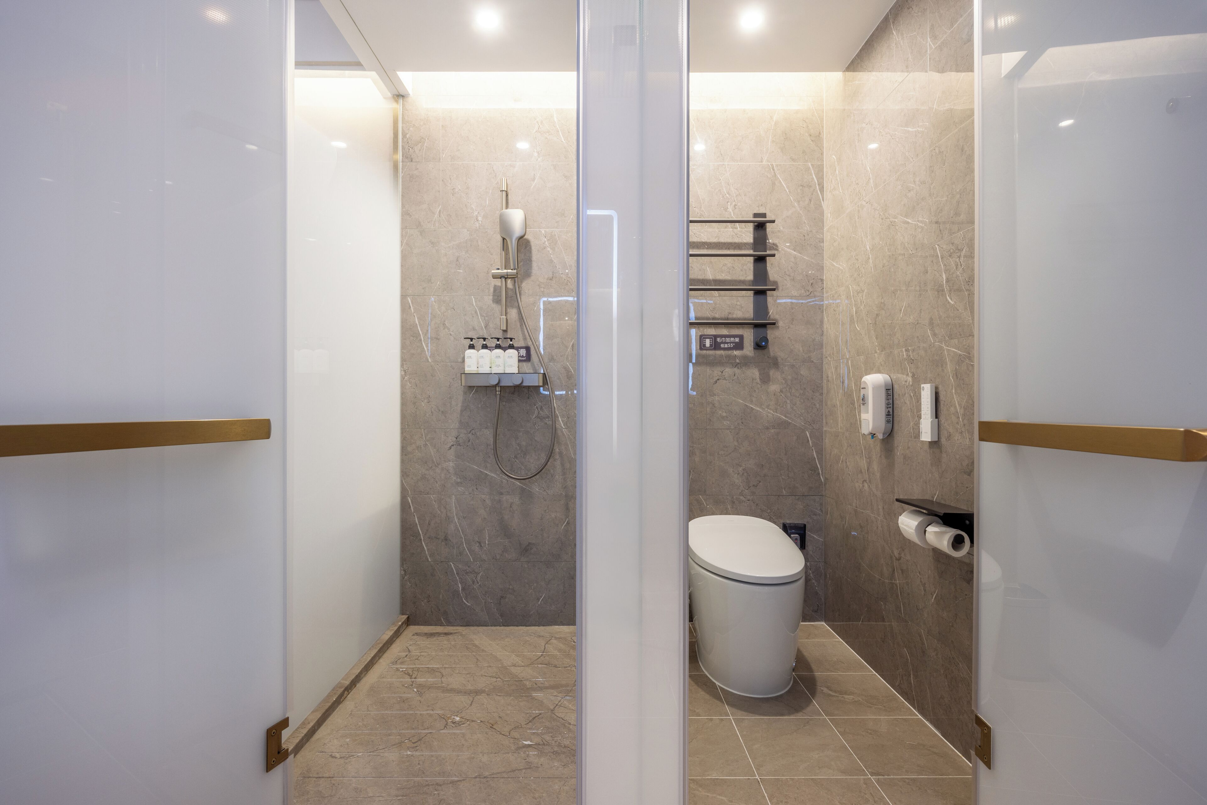 Une salle de bain moderne avec une paroi en verre, un espace douche, des toilettes et un porte-serviettes.