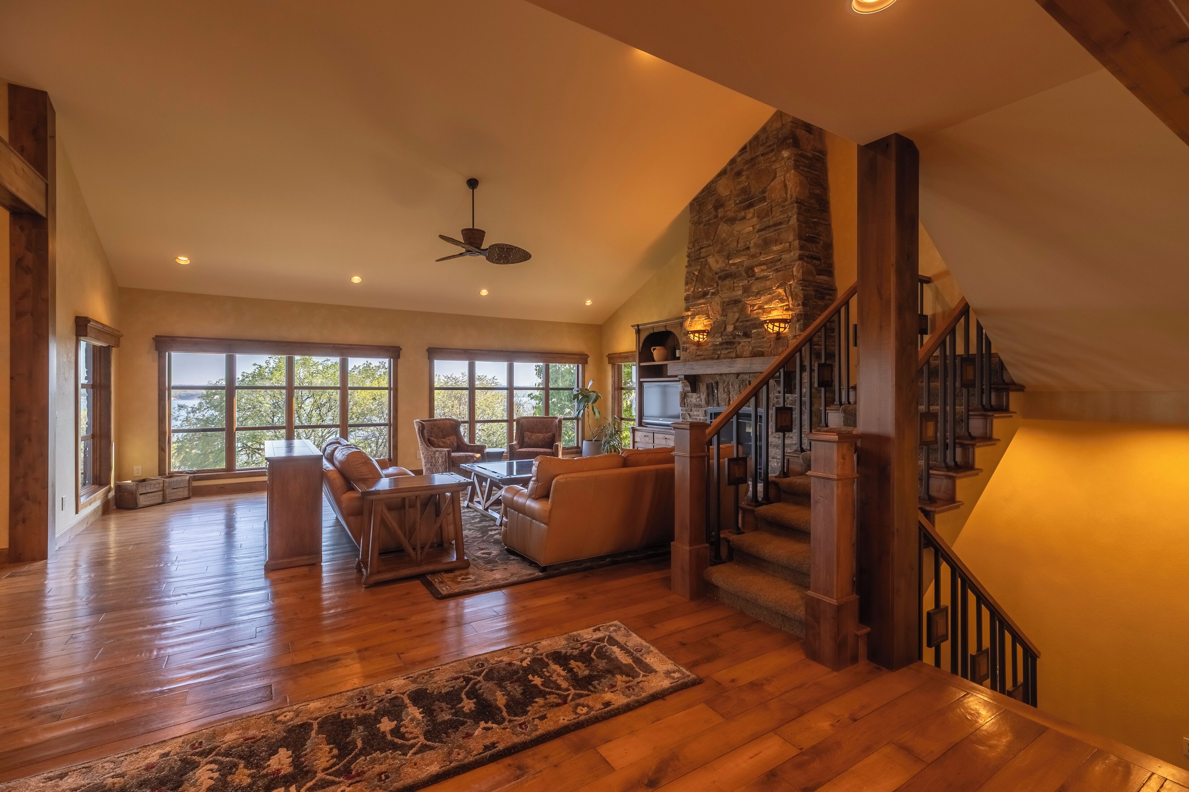 Smart TV, chimenea, libros y biblioteca musical 