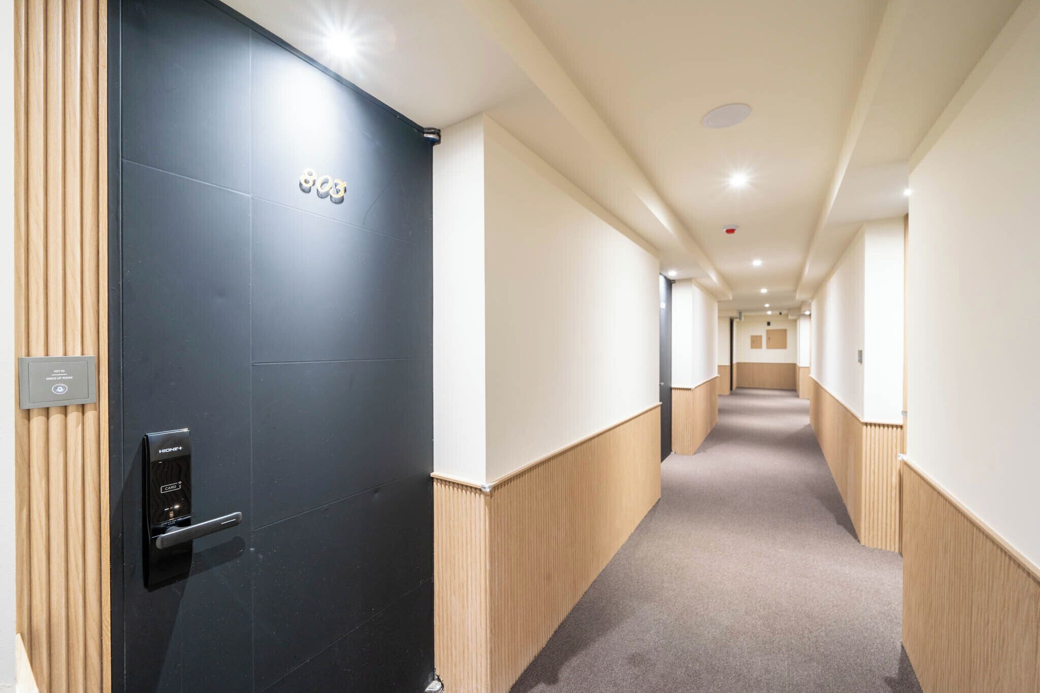 A modern hotel corridor with a black door, wooden paneling, and a carpeted floor.