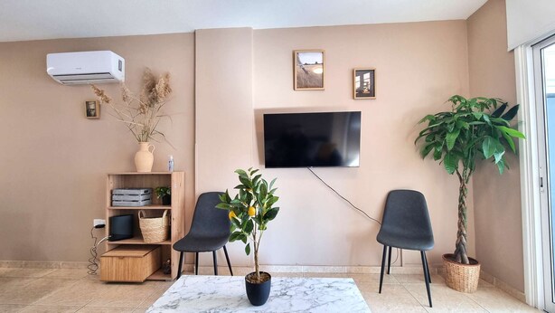 Ett vardagsrum med en platt-TV som är monterad på väggen, två svarta fåtöljer, ett soffbord, en krukväxt, en bokhylla och en luftkonditioneringsanläggning.