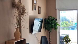 Ett rum med ett stort fönster, en väggmonterad TV, en krukväxt och en vas med torkade växter.