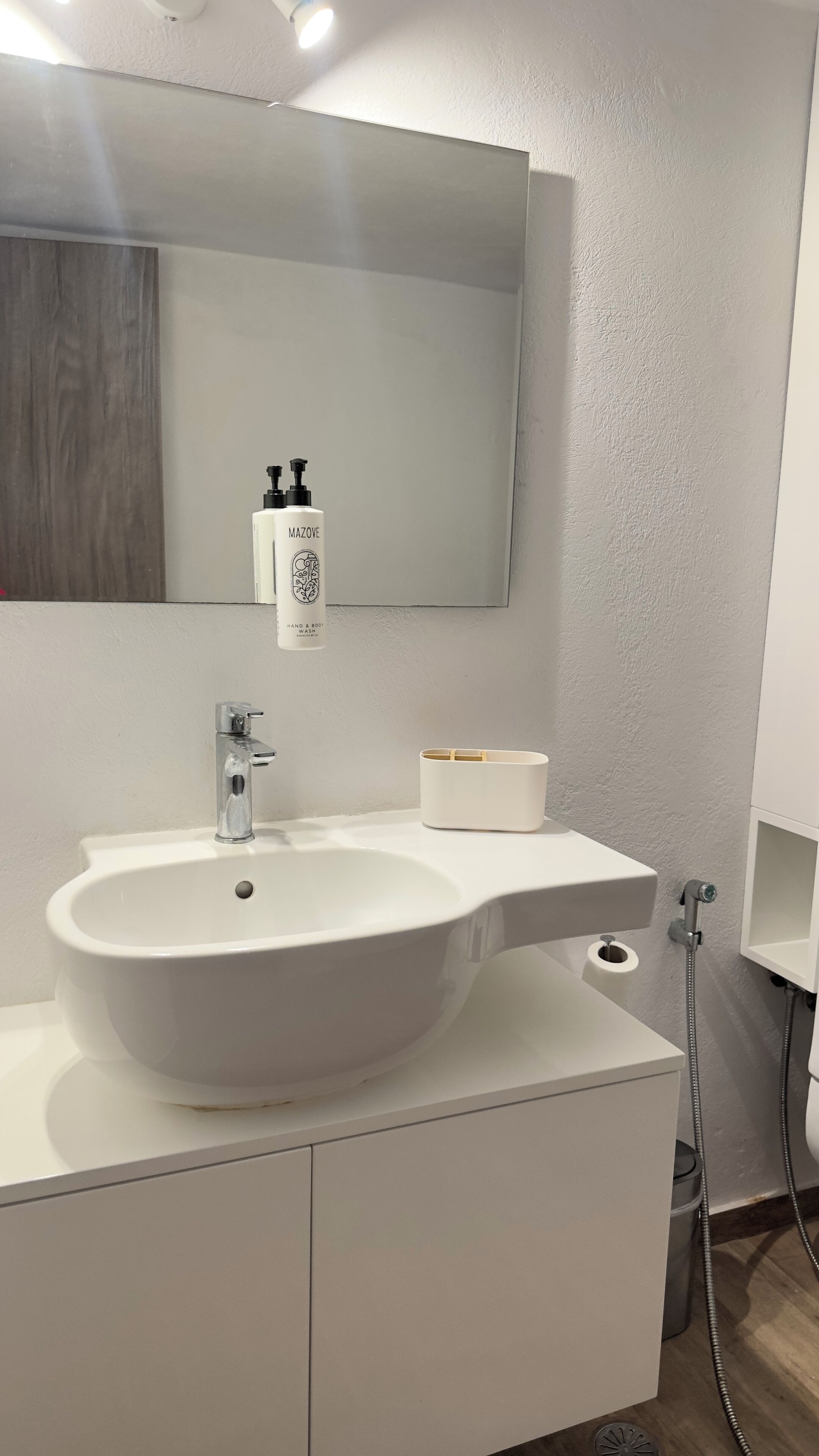 A bathroom with a white sink, a mirror, a soap dispenser, and a toilet paper holder.