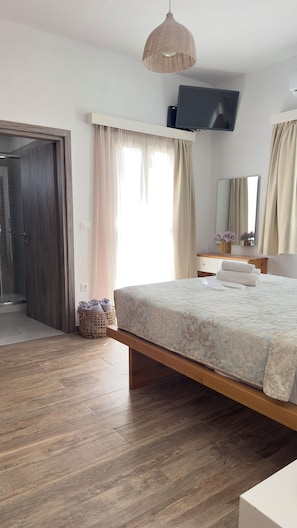 A bedroom with a bed, a television, a mirror, and a shower area.