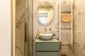 Shower, hair dryer, bidet, towels