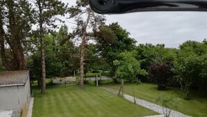 Ein gepflegter Garten mit Rasenfläche, Bäumen und einem gepflasterten Weg.