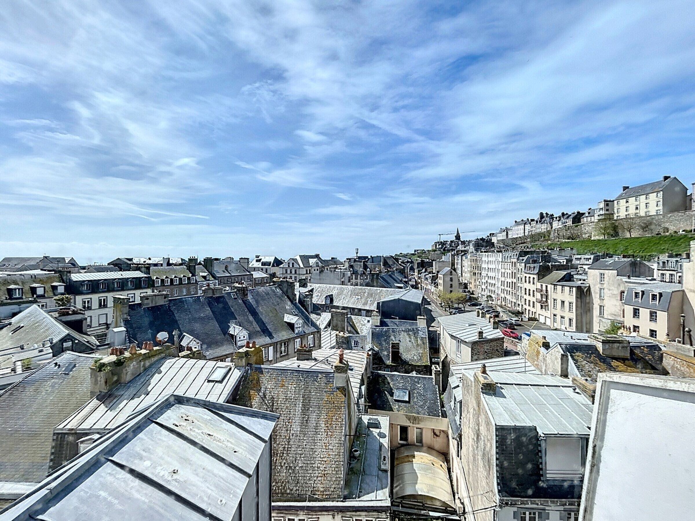 A densely packed urban area with historic buildings, steep streets, and a prominent hill with a large building on top.