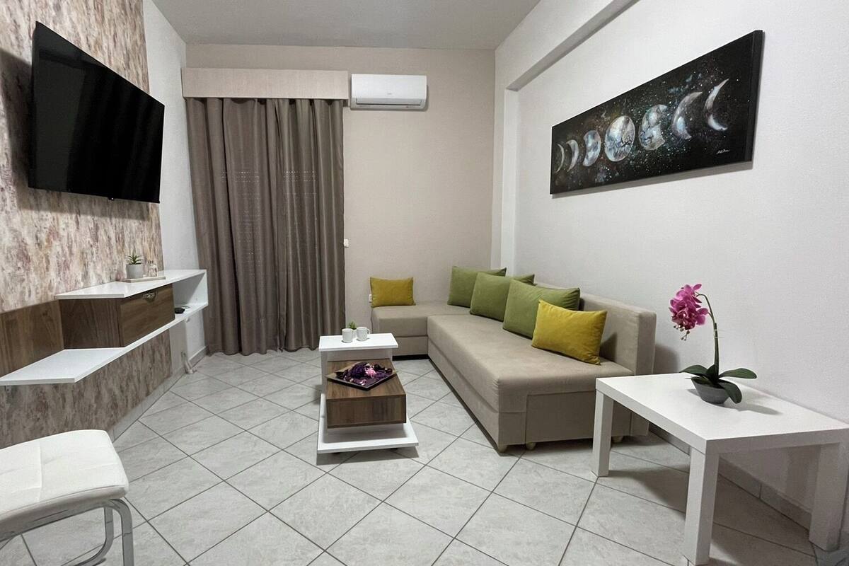 Een moderne woonkamer met een flatscreen-televisie, een bank met kussens, een salontafel, een fauteuil en een potplant.