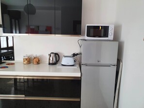 Frigorífico, microondas, horno y placa de cocina