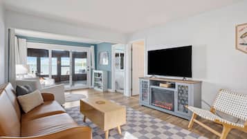 Smart TV, fireplace, books