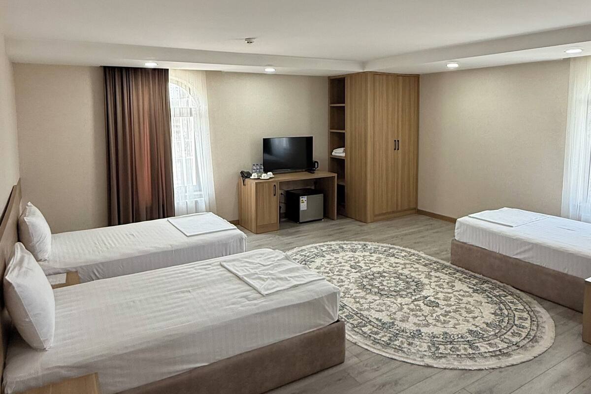 A modern hotel room with two beds, a TV, a desk, and a large rug.