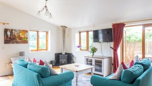 Un salon chaleureux avec des canapés de couleur turquoise, une cheminée, un téléviseur et de grandes fenêtres.